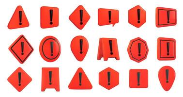 Red 3D warning signs. Hazard danger symbols with exclamation marks, emergency caution safety icons and attention alert signs illustration set vector