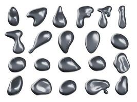 Liquid chrome elements. Melted metal shapes, abstract silver droplets and metallic blobs. Molten titanium reflective surface fluid isolated illustration set vector
