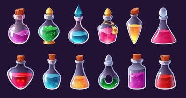 Magic potion. Love elixir, magical liquid bottles and alchemy inventory cartoon game interface elements set vector