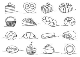 Continuous one line sweet bakery. Pastry and dessert icons illustration set with editable stroke paths vector