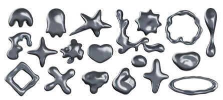 Abstract liquid metal shapes. Metallic shapes and chrome blobs, glossy stars and Y2K heart, melted silver frame and molten mercury corner 3d set vector