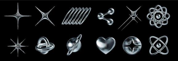 Liquid chrome y2k icons. Abstract shiny metallic shapes star rays, atomic orbit and molecular structures 3D elements set vector