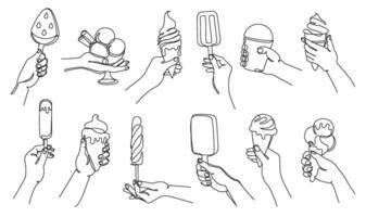 Hand with ice cream. Continuous one line hand holding cones, popsicles and sundaes ice creams illustration set with editable stroke paths vector