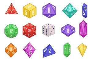 Board game dices. Various dice set for tabletop role playing games, geometric multi-sided dice isolated illustration set vector