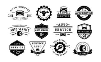 Auto service emblem. Car repair label, mechanic workshop badge template and automotive maintenance branding set vector