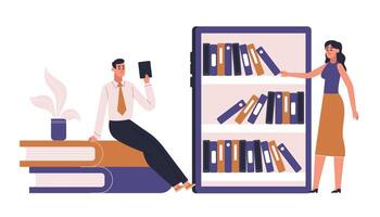 E-learning, online study, webinar, e-library, reading book vector