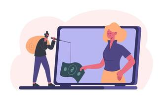 Cyber criminals. Man in mask with sack stealing money from woman. Internet scam phishing, hacker committed digital fraud vector