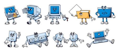 Computer code mascots. Programming characters, code file and terminal, binary keyboard, bug error, laptop and pc illustration set vector