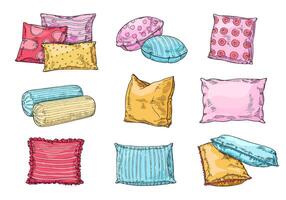 Sketch bed pillows with textile patterns, doodle sleeping accessories vector