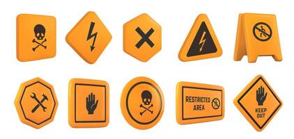 Caution 3D signs. Hazard warning, safety and caution symbols. High voltage, do not enter, and restricted area sign illustration set vector