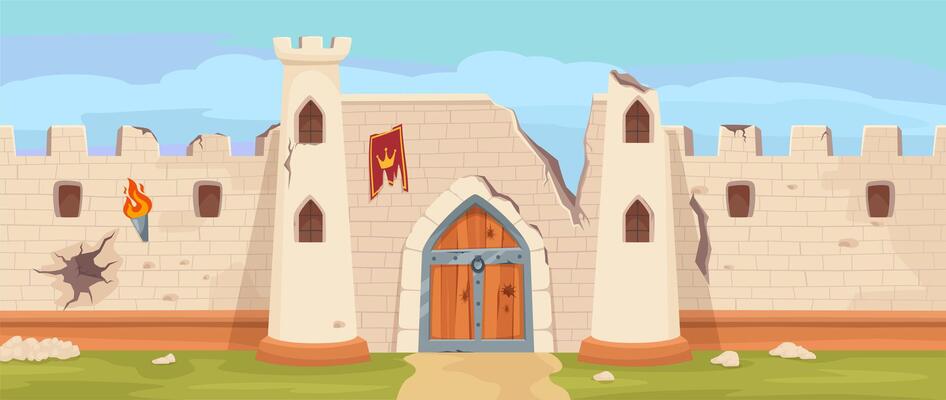 Broken medieval castle stone walls. Damaged fortress gate, royal stronghold defense cartoon background illustration