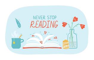 Reading open books hand drawn lettering concept vector