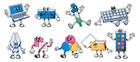 Graphic design mascots. Creative tools for digital artists, laptop computer character, pen and dropper tool, color pallet cartoon illustration set vector