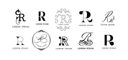 Creative R emblem. Letter r monogram for romantic, retro or rainbow style branding template. Business name initial icon set vector
