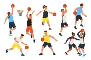 Dynamic basketball players in action. Athletes characters shooting, dribbling and passing the ball illustration set vector