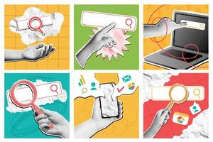 Mixed media online search. Internet search bar with magnifying glass icon, SEO optimization and research pop art with halftone hand set. Internet searching, discovery and forecast concept vector
