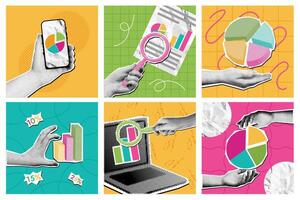Mixed media research. Halftone data analysis and statistics collage, hands holding pie charts and reports under magnifying glasses set. Business opportunity, exploration and monitoring vector