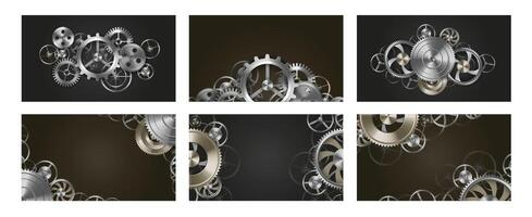 Gears 3d composition. Metal gears and cogs mechanism, mechanical steampunk frame and engineering, machinery or technology themed industrial background illustration. Business industrial concept vector