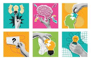 Halftone collage creative idea. Mixed media idea generation composition, pop art brain and problem solving solution concept illustration set. vector