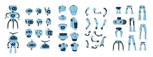 Robot constructor components. Bot creation kit of modular robot parts including heads, arms, legs and bodies for android character design. Isolated set. vector