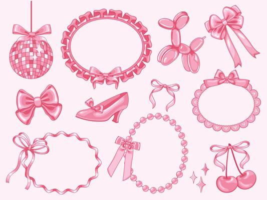Coquette decorative elements. Girly bows on Y2k ruffled ribbon frame, pump shoe, disco ball and pink cherry. Girl party accessories vintage illustrations. Shiny pink satin gift bow collection
