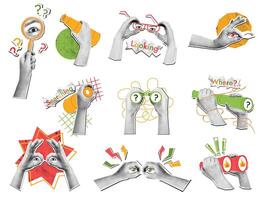 Mixed media looking hands. Halftone search and exploration stickers with magnifying glass, binocular, spyglass and eyeglasses. Searching collage set. Business vision and strategy concept vector