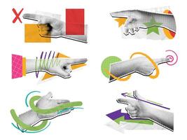 Halftone pointing hand collage. Mixed media direction hand gestures, pop art arrow pointing finger scrapbooking style compositions set. vector