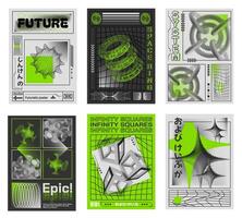 Abstract 3d poster templates. Retro futuristic designs with halftone 3D shapes, cyberpunk aesthetics and bold typography set vector