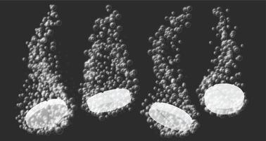 Effervescent tablet dissolving. Health supplements and medical tablets with fizzing bubbles. Medicine dissolution and carbonation process, painkiller solution illustration vector