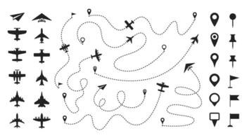 Dashed line plane route. Airplane trajectories path, flight roadmap trace lines with dash stroke, jet start and destination pin points. Aircraft arrival location infographic. Airline transport vector