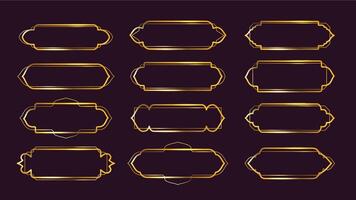 Arabic deco frames. Golden label border with Islamic window and oriental arches shapes. Luxurious gold line frame for UI button or horizontal art deco banner 1920s collection vector