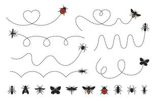 Dashed line insect route. Bee, mosquito and butterfly flight paths. Ladybug, tiny ant, spider and cockroach trails. Dragonfly, grasshopper and fly icons. Insects pathway bug set vector