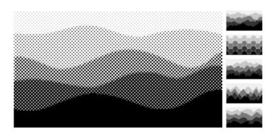Abstract halftone layered backgrounds. Air perspective halftones landscape, geometric mountains and clouds dot textured wallpaper set vector