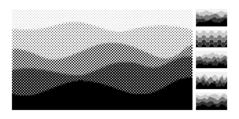 Abstract halftone layered backgrounds. Air perspective halftones landscape, geometric mountains and clouds dot textured wallpaper set