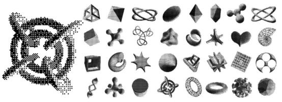 Dither bitmap 3D shapes. Retro futuristic digital objects with pixel dithering texture, abstract geometric figures and Y2k organic shapes set vector
