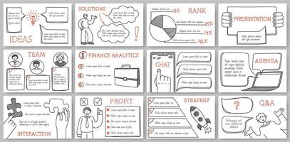 Hand drawn business presentation templates. Report slides with doodle style frames, character illustrations and infographics. set. vector