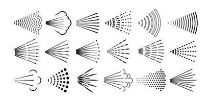 Spray symbols. Aerosol sprayed line, steam nozzle flow cloud, shower streams and spraying water, perfume or deodorant icons. Mist, jet and burst spray patterns set. Sprayer vapor stream vector