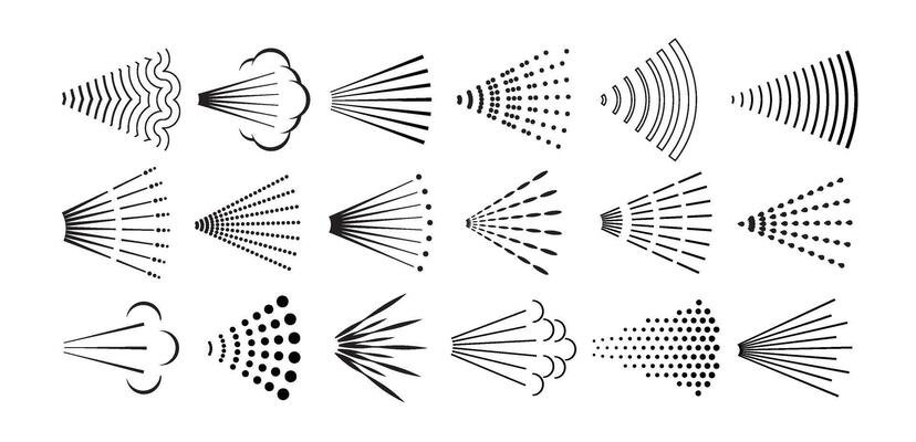 Spray symbols. Aerosol sprayed line, steam nozzle flow cloud, shower streams and spraying water, perfume or deodorant icons. Mist, jet and burst spray patterns set. Sprayer vapor stream
