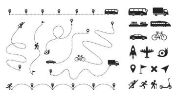 Dashed line route. Travel navigation routes with dash line path, location pins and transportation shipping delivery icons, ship and plane, train and car. Roadmap paths for infographic. Way set vector