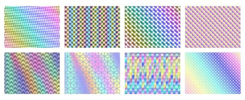 Iridescent holographic patterns. Holo backgrounds with geometric pattern texture, abstract rainbow spectrum gradients set vector