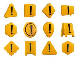 Yellow 3D warning sign. Hazard symbols with exclamation points, safety caution and attention alert icons realistic render illustration set vector