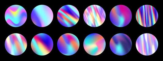 Iridescent holographic circles. Round iridescent fluid color gradients, holo gradient mesh backgrounds set vector