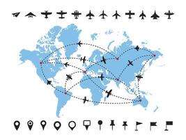 Airline routes on world map. Worldwide air travel dashed line route with plane icon, destination tracks and landing pin points. Flight radar path trajectories, international transportation set vector