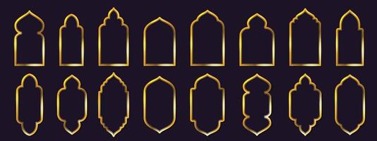 Simple golden Arabic frames. Islamic architecture window, oriental door and arch shapes inspired shiny decorative line borders, gold frame with shadow isolated set vector