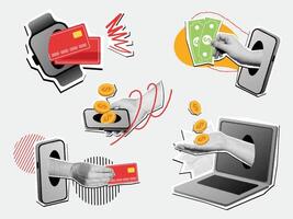 Halftone online payment collage. Mixed media digital purchase, mobile payments and e commerce concept illustration set. vector