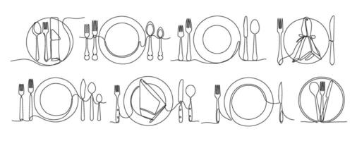 Continuous one line served plate. Minimalist plates, forks, knives and spoons for restaurant menu design illustration set vector