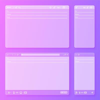 Transparent Email interface. Webmail mobile and desktop client app layout, new message form window UI template set