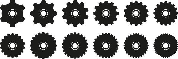 Flat stencil gears. Cogwheel settings icon, mechanical gear wheel, work in progress or construction icons set. vector