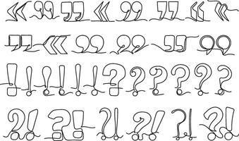 One line punctuation marks. Quote symbol, quotation marks, question and exclamation points, isolated hand drawn set. vector