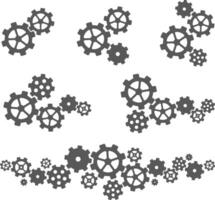 Flat gears composition. Connected cogwheels, integrated gear mechanism and gearwheels system set. vector